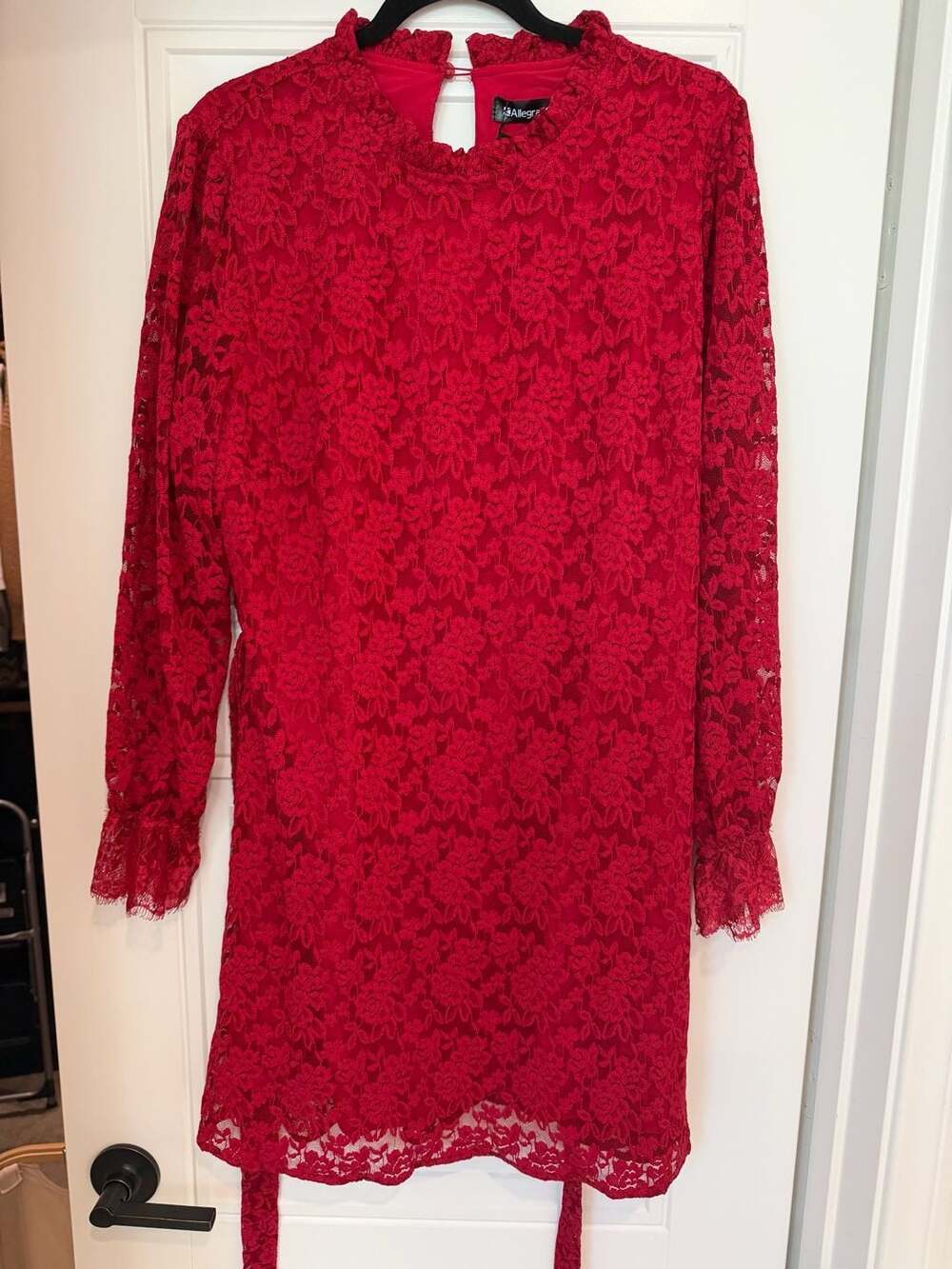Allegra K Women's Red Floral Lace Long Sleeve Ruffle Neck Dress XL 888-5